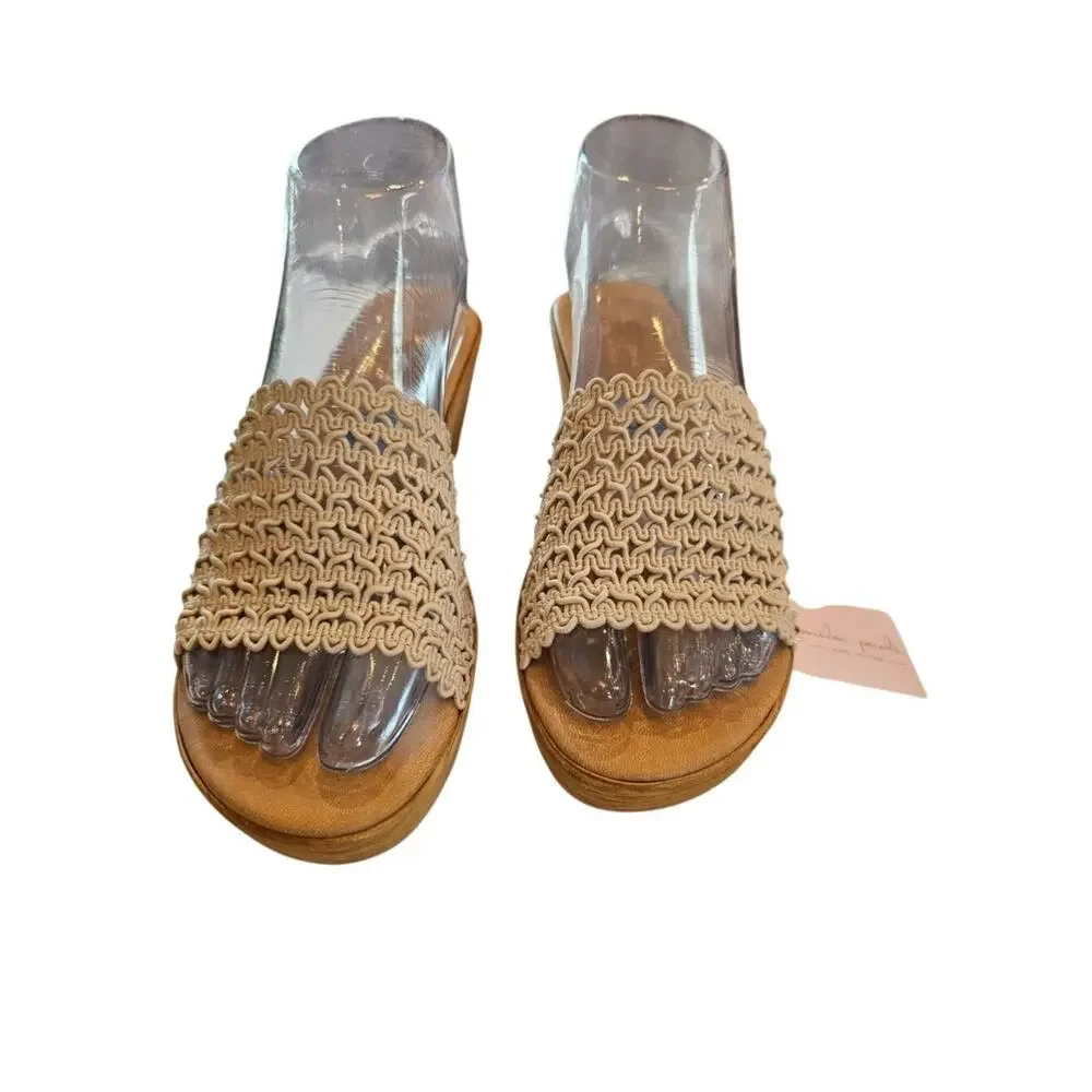 Mila Paoli Cream Colored Woven Rafia Classic Wooden Style Wedge Heel Sandal